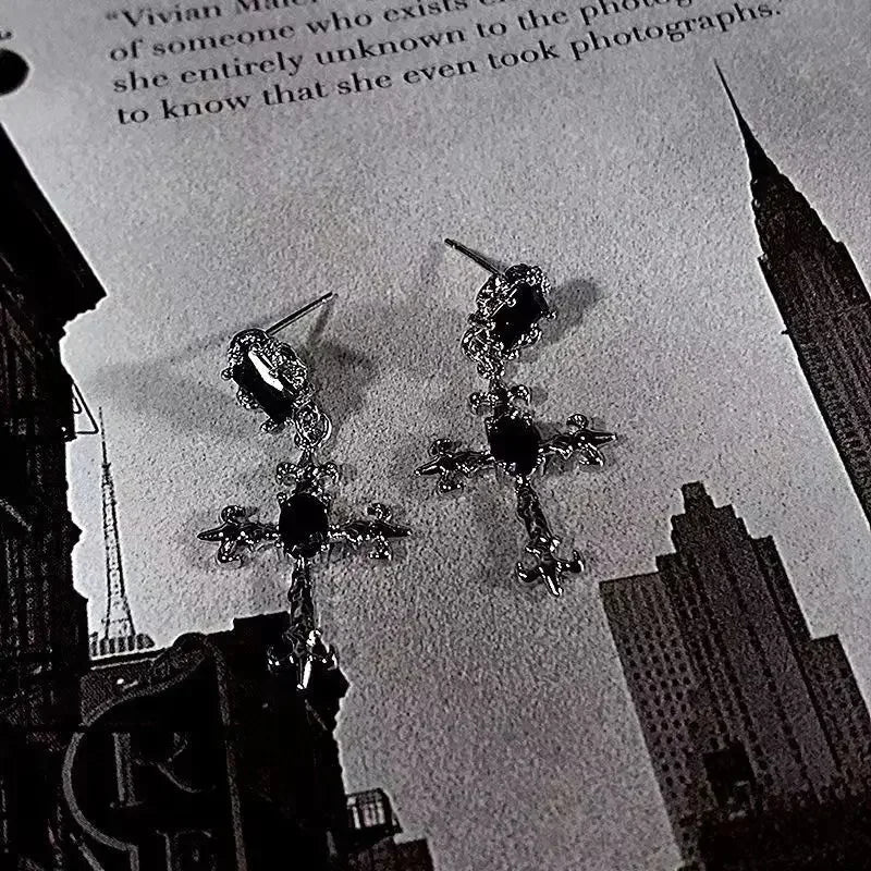 Gothic Cross Black Drill Drop Earrings