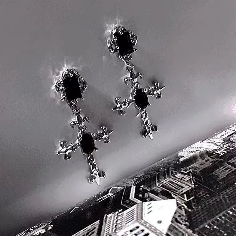 Gothic Cross Black Drill Drop Earrings