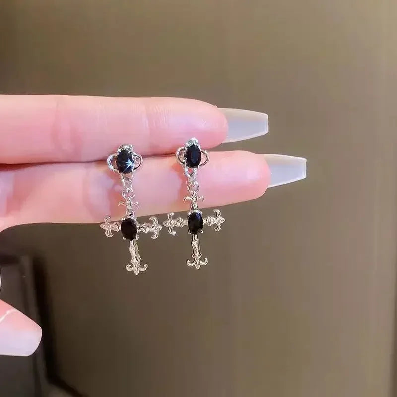 Gothic Cross Black Drill Drop Earrings
