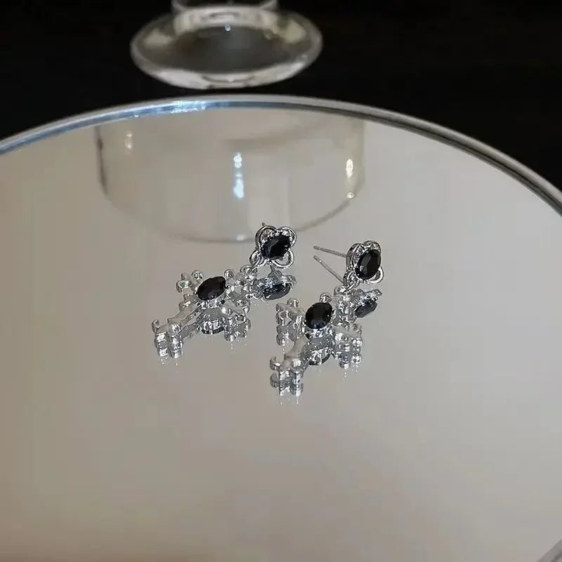 Gothic Cross Black Drill Drop Earrings