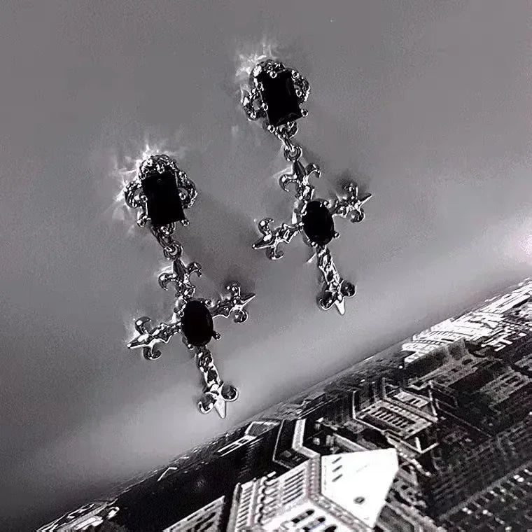 Gothic Cross Black Drill Drop Earrings