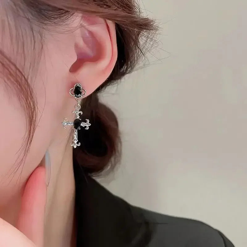 Gothic Cross Black Drill Drop Earrings