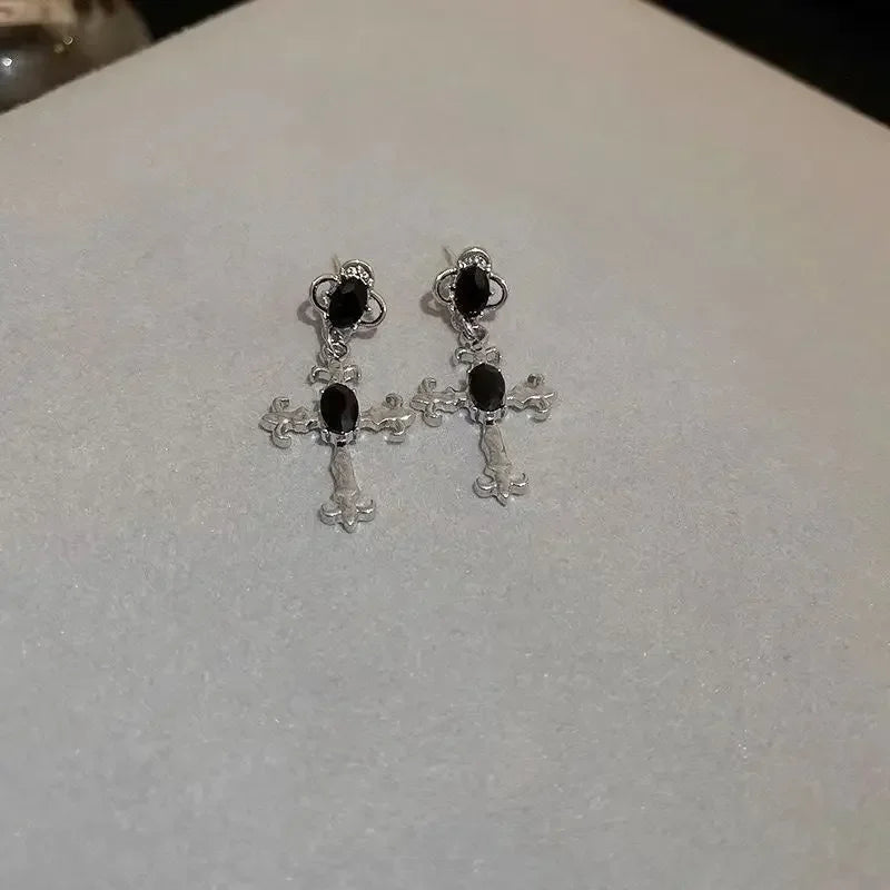 Gothic Cross Black Drill Drop Earrings