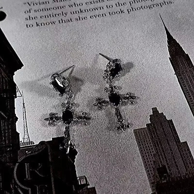 Gothic Cross Black Drill Drop Earrings