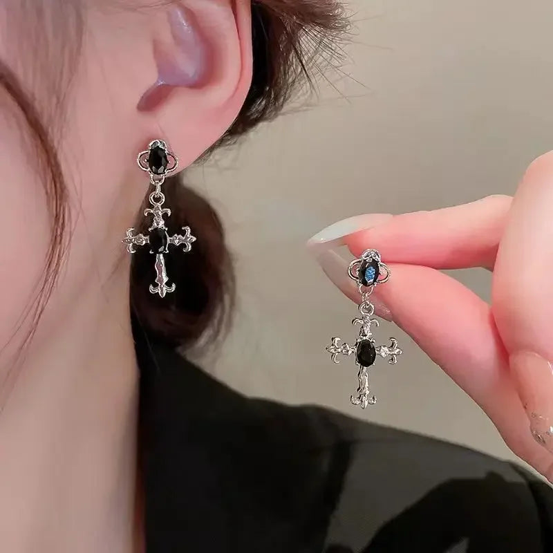 Gothic Cross Black Drill Drop Earrings